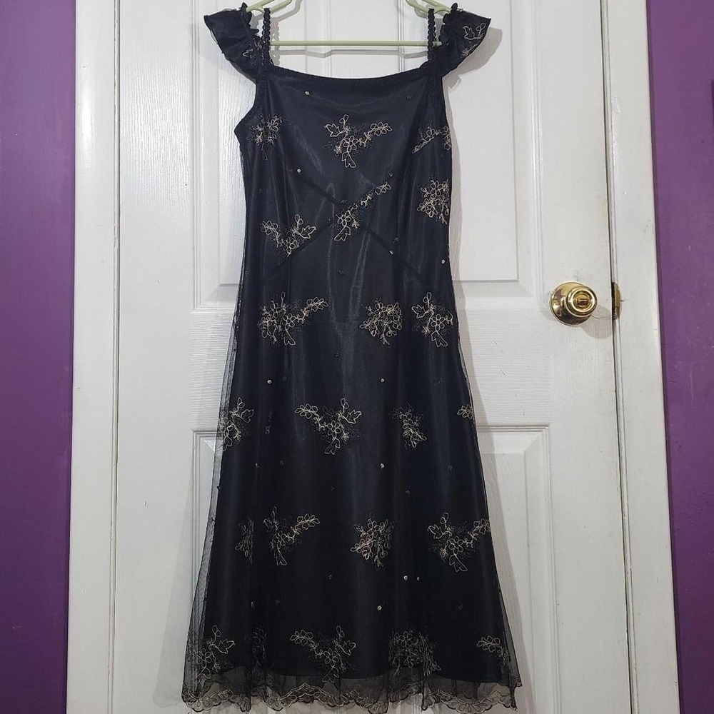 Black & Gold Embroidered Floral Slip Dress